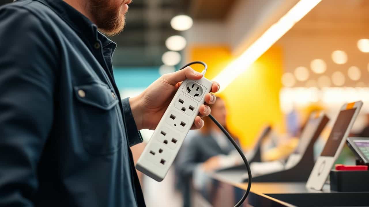 Man paying for surge protector at the cashier